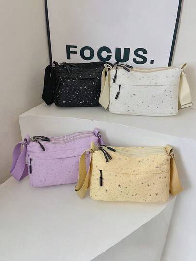 1pc Nylon Fabric Casual Shoulder Bag For Teens, Zipper Closure, Star Foil Print, Multi-Pocket, Suitable For Daily Use