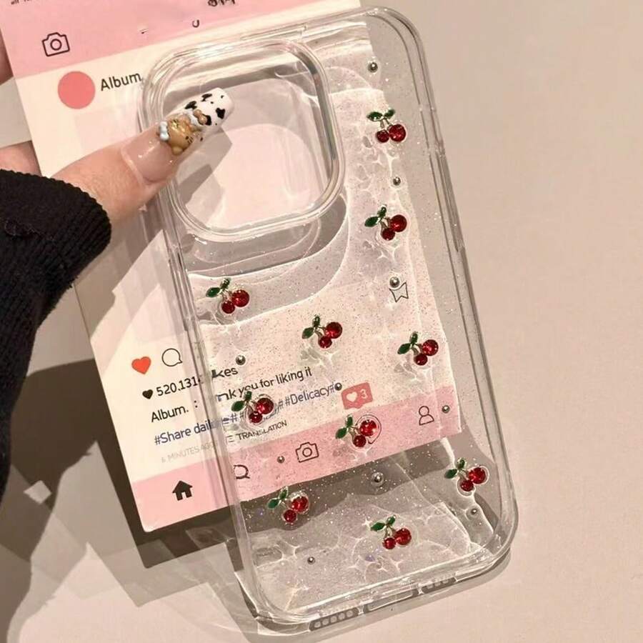 1 Ốp lưng điện thoại 3D hiệu ứng giọt keo lấp lánh màu hồng anh đào, phù hợp với 17Promax13/ 16Promax/12/11/15/14pro, chống rơi và chống trượt, dành cho nữ. - Anh đào bạc - Xem 1
