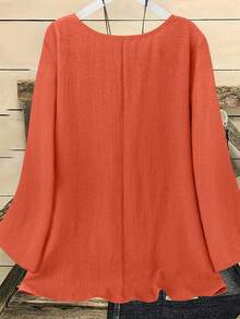 Áo sơ mi nữ YFY kiểu dáng phương Tây, màu trơn, cổ tròn, tay dài, cổ tay loe, chất liệu polyester mềm mại và nhẹ, thích hợp mặc hàng ngày và mặc ở nhà vào mùa xuân/hè. - trái cam - Xem 2