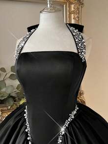 Lovelzi Elegant, Romantic, Fashionable Black Satin Rhinestone Decor Halter Neck Elegant Party Dress, Formal Evening Gown, Wedding Guest Dress, Black Maxi Dress, Single Party Dress, Prom Dress - 淺藍色 - 查看 9
