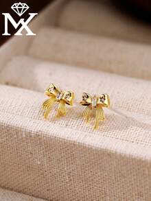 1 Đôi bông tai hình nơ đính đá lấp lánh bằng bạc sterling 925 cao cấp, món quà Valentine/sinh nhật tinh tế sang trọng dành cho bạn gái. - Vàng - Xem 2