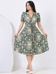 Women's Printed Dress, Flared, Casual, Elegant, Romantic Fabric - Olive Green - View 5