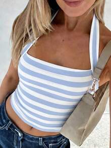 GAOVOT Women's Casual Vintage Sexy Striped Camisole, Suitable For Street And Commute In Summer - Light Blue - View 3