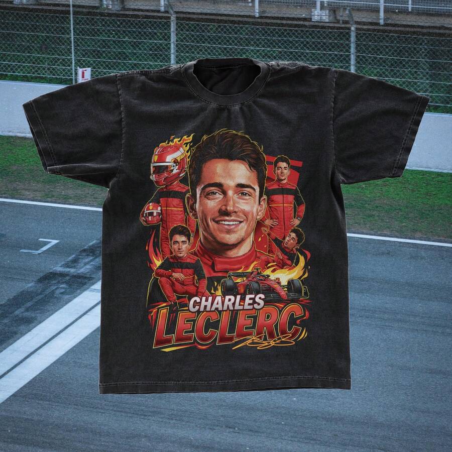 Camiseta vintage de Charles F1 con gráfico de carreras de Fórmula 1, regalo para fans de - Negro - Ver 1