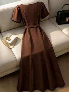 Vestido de mujer talla grande con elegante decoración de botones en la cintura, manga corta con volantes en el cuello, cintura ceñida y silueta evasé, adecuado para oficina, viajes, citas, salidas, estilo vintage, blogger, graduación, vacaciones, San Valentín, festivales de música, Día de la Madre, Halloween, Acción de Gracias, Pascua, Día Nacional, bailes, citas, fiestas, bodas, actividades al aire libre Yisikado Dress Zanzea Dress For Woman Zanzea Dress For Women Plus Size Women's Dresses Elegant Dress - Marrón - Ver 3