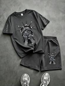 2pcs/Set Tween Boys' Street Fashion Statue Of Liberty & Diamond Pattern Dark Gray Short T-Shirt  And Sprot Short Set, Suitable For Spring/Summer - 深灰色 - 查看 1