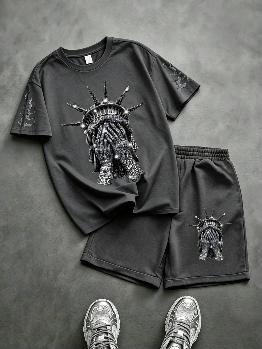 2pcs/Set Tween Boys' Street Fashion Statue Of Liberty & Diamond Pattern Dark Gray Short T-Shirt And Sprot Short Set, Suitable For Spring/Summer - 深灰色 - 查看 1