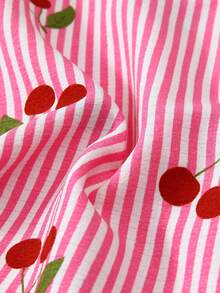 2pcs Comfortable Pink & White Striped Cherry Print Short Sleeve Collar Top And Bow Shorts Pajama Set For Women, Spring/Summer - Pink - View 8