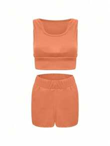 Workout Sets For Women 2 Piece Seamless Ribbed Crop Tank High Waist Shorts Yoga Outfits - Orange - View 3