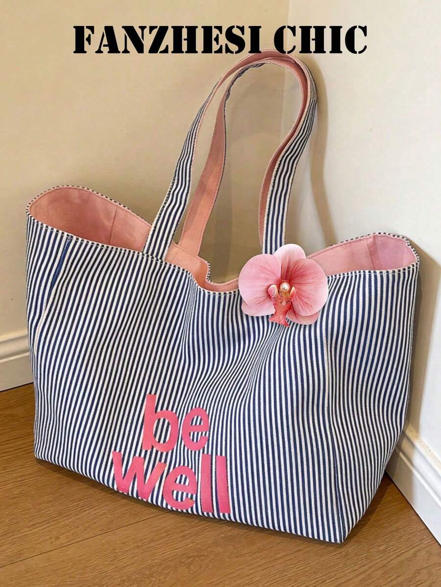 Large Capacity Double-Sided Usable Fabric Tote Bag, Multiple Floral Pendant Options, One Side With Blue & White Vertical Striped Texture For Refreshing Look, Other Side In Solid Pink For Clean & Gentle Vibe, Suitable For Students, Commuting, Daily Shopping, Short Trips & Vacations - Multicolor - View 1