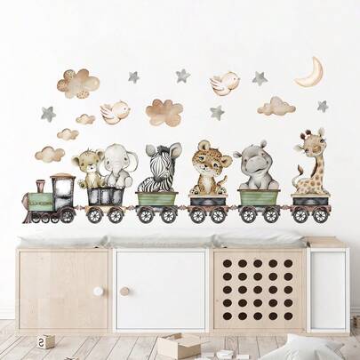 BRUP 1 pièce Autocollant mural en PVC de train vert, motif mignon de nuages et d'animaux de bande dessinée. Autocollant décoratif en vinyle amovible et imperméable. Bon choix pour la maison, pour l'entrée, le porche, le salon, la chambre, la salle de bain, le bureau, la décoration de la maison.