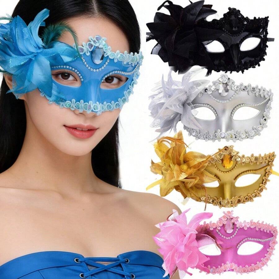 2 piezas Máscara de media cara con diseño de flor de lirio, máscara de maquillaje para fiesta de disfraces - Multicolor - Ver 1
