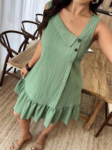 Weeklong Vestido corto sin mangas de línea A con cuello asimétrico, botones, tela texturizada y volante en el bajo, para mujer de talla grande, ropa casual de resort para primavera/verano - Verde 2 - Ver 3
