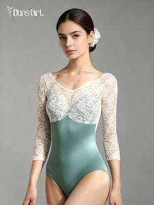 DonsGirl 1pc Women's 3/4 Sleeve Lace Patchwork Ballet Leotard, Performance Costume, Exquisite Holiday Gift - màu xanh lá - Xem 2