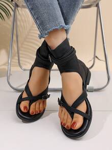 1 Pair Of Youth Thong-Style High-Top Design, Adjustable Metal Buckle, Zipper For Easy On And Off, Flat Open-Toe Roman Sandals, A Good Choice For Youth Summer Travel And Daily Wear. - Black - View 5