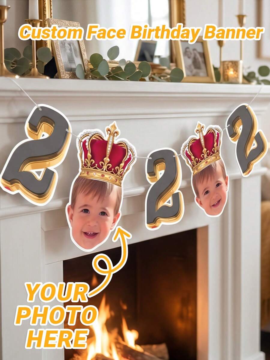 Pancarta de cumpleaños personalizada con foto, decoración de fiesta personalizada con diseño de corona - Multicolor - Ver 1