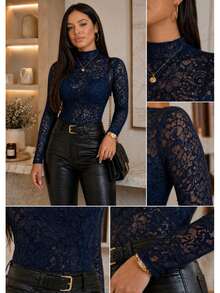 Elegant Lace Bodysuit With Long Sleeves And High Neck – Premium Fitted Style ✨ - azul marinho - 查看 2