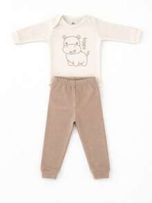 Baby 2-Piece Set: Long-Sleeved Bodysuit + Pants, 100% Cotton Suedine, Safari Animal Print (Tiger, Monkey, Hippopotamus), Unisex, Newborn To Extra Large, Neutral Beige, Maternity Set, Baby Clothes - 河馬 - 查看 11