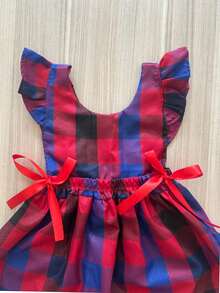 Children's June Festival Dress, Red, Black, Blue Checkered Pattern, Bow Back, Girl, 2-6 Years Old, Checkered Romper, Country Style, São João Junino - Caro đỏ và xanh - Xem 4