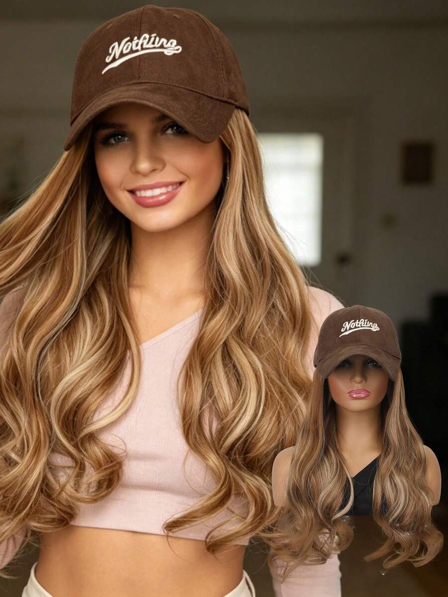 16-Inch Synthetic Fiber Full Wig, Women's Large Head Size Embroidered Baseball Cap With Long Curly Hair, Heat-Resistant Fiber, Suitable For Daily Wear, Halloween
