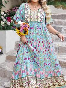 Women Plus Size Floral V-Neck Loose Dress Beach Holiday Summer Party Wedding Season Music Festival Vacation Elegant - 藍色3 - 查看 9