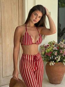 3 piezas Conjunto de bikini de punto a rayas sexy - Top triangular + Bottom de cintura baja + Pantalones de pierna ancha ajustables| Traje de baño de vacaciones en la playa retro Verano Rojo - Rojo - Ver 1