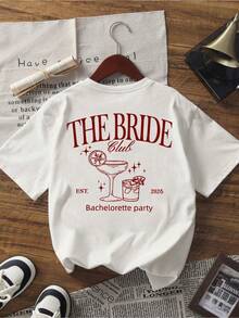 Bride Club Graphic Print Plus Size Short Sleeve T-Shirt, Casual For Summer & Spring White - White - View 3