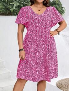 Vestido casual de manga corta con estampado floral diminuto para tallas grandes - Rosa - Ver 6