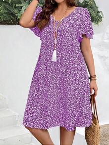 Vestido casual de manga corta con estampado floral diminuto para tallas grandes - Púrpura malva - Ver 2