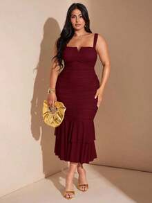 Vestido midi ajustado con cuello en V, volantes y pliegues para mujer de talla grande, vestido de fiesta para vacaciones - Burdeos - Ver 12