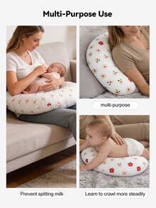 U-Shaped Nursing Pillow For Breastfeeding – Soft Comfortable Feeding Cushion For Moms & Newborns, Removable Washable Cover - Small Red Flowers - View 4