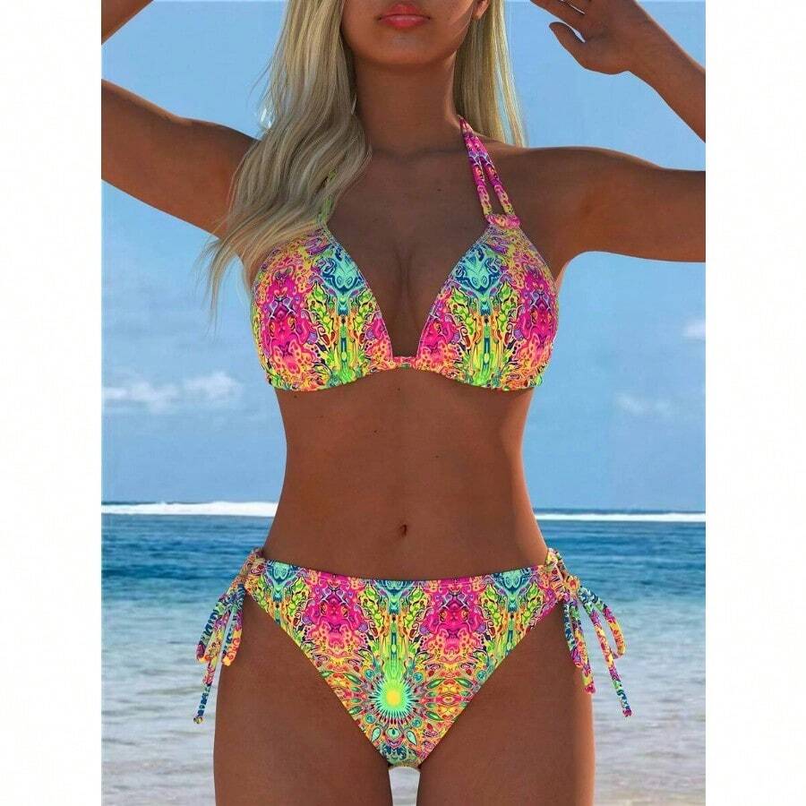 Vibrant Pattern Women's Bikini Set, Deep V Neck And Lace Up Details For A Sexy And Casual Beach Look - [Multicolored] - View 1