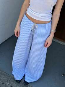 Women's Y2K Style Blue Striped Straight Leg Pants With Drawstring, Suitable For Vacation, Casual, Streetwear And Daily Commute - Blue - View 9