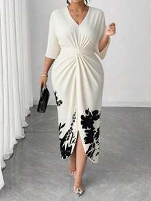 Vestido elegante con estampado para mujeres de talla grande - Albaricoque - Ver 3