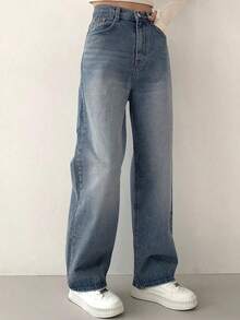 Pantalones Vaqueros Casuales con Cintura Alta, Lavado Degradado y Diseño Holgado, Perfecto para Look de Otoño y Eventos Diarios - Azul - Ver 4