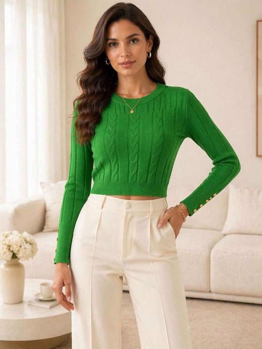 Women Knit Tops - Dark Green - View 1