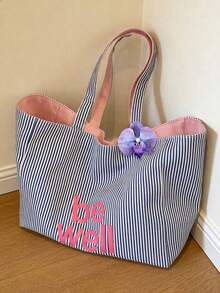 Large Capacity Double-Sided Usable Fabric Tote Bag, Multiple Floral Pendant Options, One Side With Blue & White Vertical Striped Texture For Refreshing Look, Other Side In Solid Pink For Clean & Gentle Vibe, Suitable For Students, Commuting, Daily Shopping, Short Trips & Vacations - Multicolor - View 32