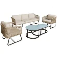Garden Furniture Set With Galvanized Iron Frame, Grey Rope, Adjustable Legs, Smooth Glass Tabletop, 5-Piece Set, Includes All Seat And Back Cushions. - Beige - View 8