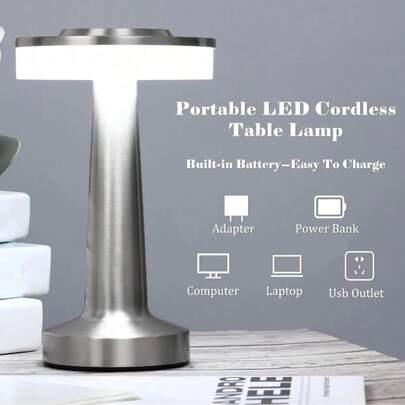 1 chiếc đèn bàn LED 3 màu có thể điều chỉnh độ sáng, sạc USB, bằng kim loại, có công tắc nguồn độc lập, thích hợp cho cắm trại, quán bar, bàn ăn, đầu giường, tạo không khí lãng mạn, có thể dùng làm đèn bàn, đèn làm quà tặng ngày lễ.