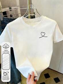 大码女式日常通勤100%纯棉心形线条图案圆领短袖休闲简约夏季女式白色上衣T恤 - 白色 - 查看 1
