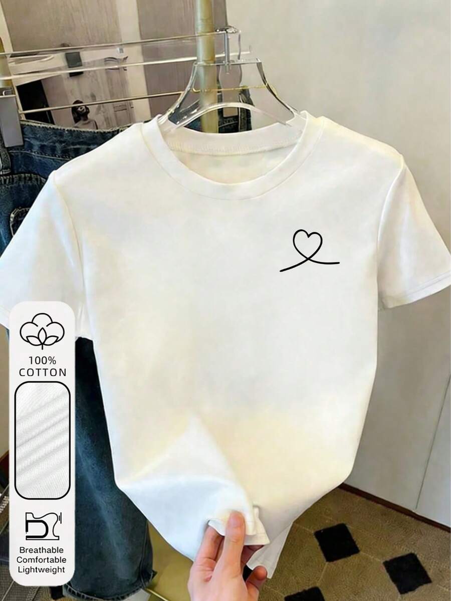 大码女式日常通勤100%纯棉心形线条图案圆领短袖休闲简约夏季女式白色上衣T恤 - 白色 - 查看 1