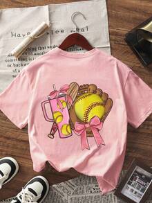 [Back To School Season]Tween Girl 1pc Softball Water Bottle Bow Sports Print Pullover Short Sleeve T-Shirt, Student Youth Children's Summer Clothing Top - Pink - View 3
