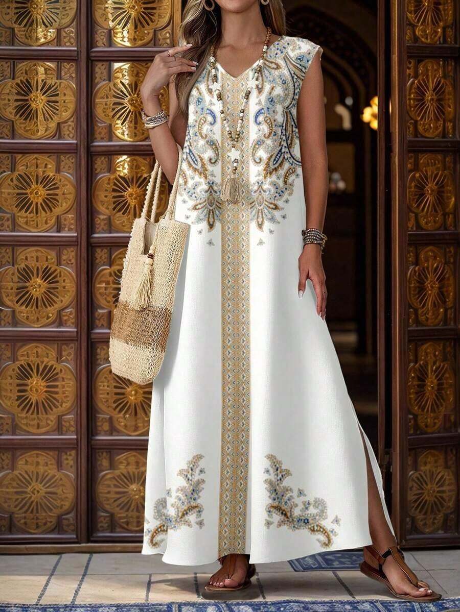 Vestido largo con estampado floral de escote en V, elegante y casual, tallas grandes, adecuado para primavera/verano, vacaciones - Multicolor - Ver 1