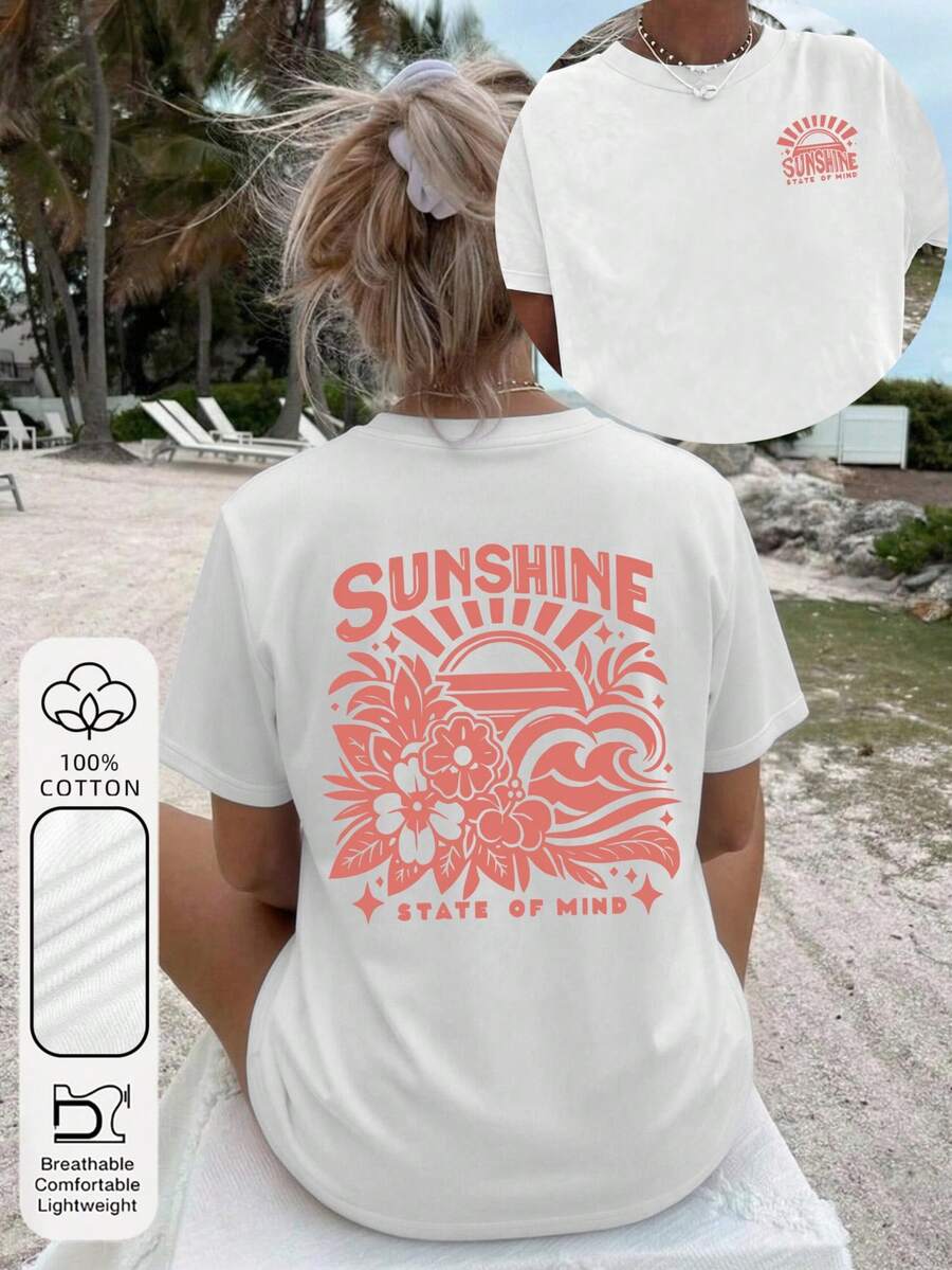 大码女式沙滩度假风 100% 纯棉太阳花朵图案圆领短袖复古夏季女式白色上衣T恤休闲款 - 白色 - 查看 1