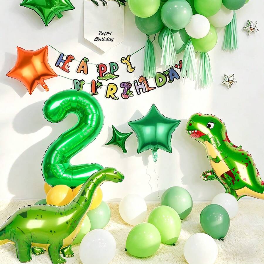 5pcs/Set Dinosaur Foil Balloon Set, Includes Large T-Rex Dinosaur Balloon, Balloon Ribbon, Triceratops, Pterosaur Foil Balloons, Suitable For Dinosaur Theme Birthday Party, Jurassic Theme Party Decoration - Multicolor - View 1