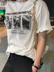 Camiseta de manga corta  para mujer, de estilo urbano y corte holgado, con estampados de lemas urbanos: "Momentos especiales, eres absolutamente única". Camiseta de verano de talla grande, estampada, 100% algodón. - Blanco - Ver 6