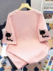 可爱黑猫蝴蝶结印花圆领T恤，大码女式休闲简约夏季上衣，短袖印花，适合日常穿着、海滩度假等场合，粉色 - 粉色 - 查看 5