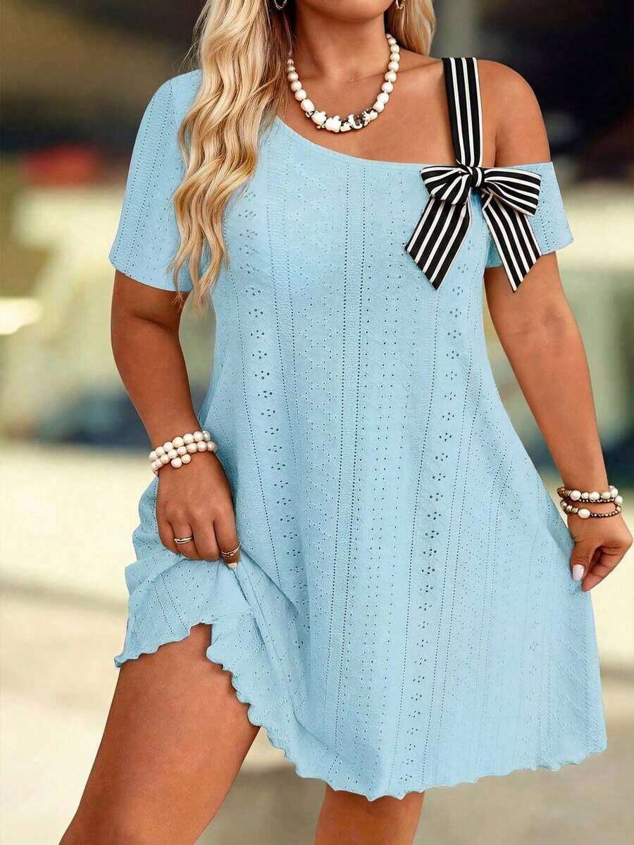 Linhara CURVE Vestido casual holgado de manga corta con textura calada y elástica, a rayas y parches, con lazo, de talla grande, elegante y de moda para el trabajo y el uso diario - Azul - Ver 1