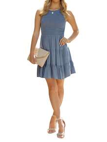 Women's Casual Dress, Round Neck Sleeveless Solid Color Pullover Ruched A-Line Mini Dresses - Blue - View 5