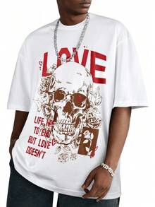 Playera calavera con rosas y mariposas Cuello redondo Manga corta Estilo gótico vintage - Blanco - Ver 1